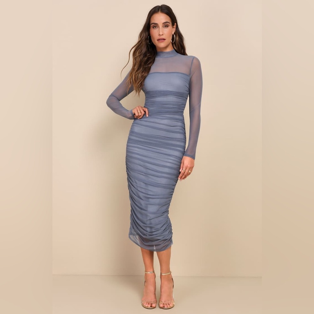 Lulus Impressive Flirt Slate Blue Mesh Ruched Mock Neck‎ Midi Dress NWOT